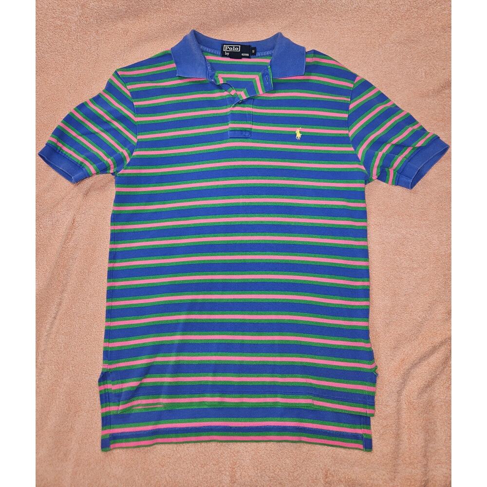Vintage Polo Ralph Lauren Striped Polo Shirt Blue Pink Green Men Small W/Sm Hole